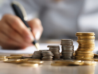 Person writing while stacks of gold and silver coins arranged in ascending order sit in foreground
