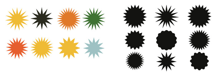 Colorful and black starburst shapes displayed on a white background for design or decoration purposes