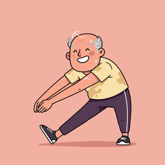 Cartoon Character Stretching in Yellow Shirt and Black Sneakers on Coral Background