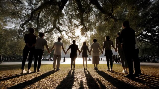 Diverse group of people standing in a circle holding hands under a tree in a park connecting in a community of support