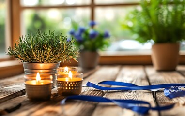 Candles, plants, and ribbons on rustic wood