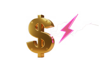 Golden dollar symbol with pink lightning isolated on transparent background. use cases: finance, energy, power, investment.