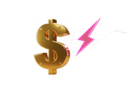 Golden dollar symbol with pink lightning isolated on transparent background. use cases: finance, energy, power, investment. - Powered by Adobe