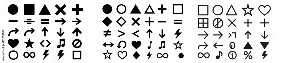 Poster symbols and shapes arranged in a grid showcasing various designs and geometric forms for creative in