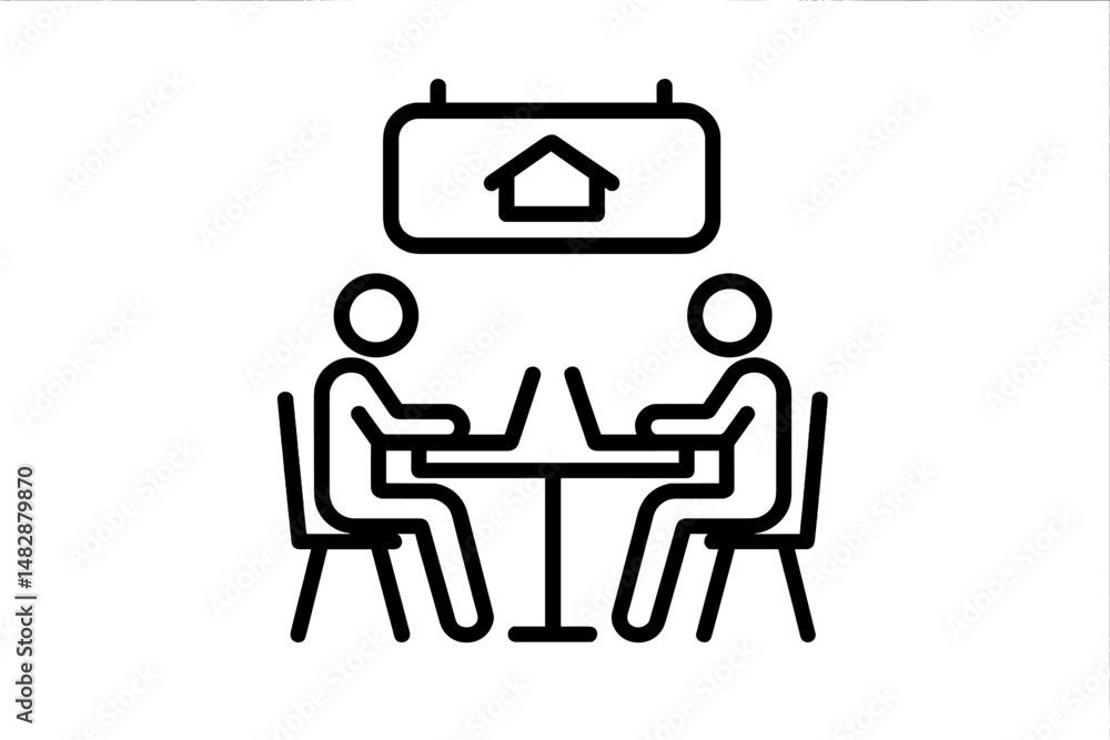 Poster people collaborating at a table with laptops and a house sign during a brainstorming session