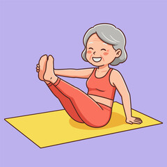A cheerful senior woman with gray hair practices a seated yoga pose on a yellow mat.