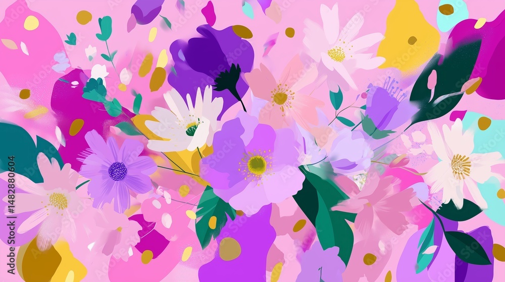 Poster bright and colorful floral pattern with abstract shapes in a vibrant pink background during springti