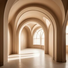 A room with repeating arched walls, soft beige textures, and warm golden lighting tracing the curves.
