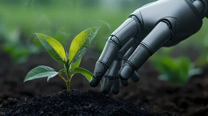 A robotic hand gently touches a young green plant growing in rich soil, symbolizing the connection between technology and nature.