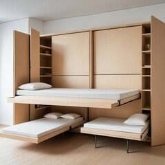 A room where all furniture is hidden in the walls—pull-out beds, folding tables, and invisible storage behind seamless panels.