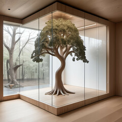 A transparent box room with floor-to-ceiling glass, floating wooden floor panels, and a single sculptural tree inside.