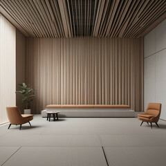 A minimalist acoustic space with smooth stone, vertical wood slats, sound-dampening fabric panels, and no decoration.