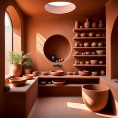 Terracotta-toned walls, embedded shelves, a single ceramic bowl, and indirect sunlight washing over earth textures.