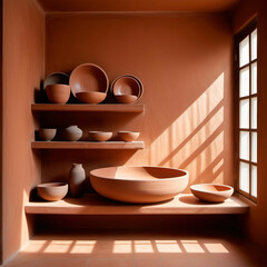 Terracotta-toned walls, embedded shelves, a single ceramic bowl, and indirect sunlight washing over earth textures.