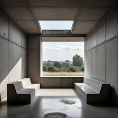 A bold concrete space with monolithic seating, rough textures, no decor, and one oversized window framing the sky.