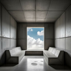 A bold concrete space with monolithic seating, rough textures, no decor, and one oversized window framing the sky.