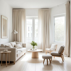A bright space with bleached wood flooring, white walls, linen curtains, and simple round-edge furniture in soft tones.