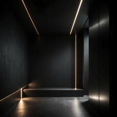A dark minimalist room with black walls, subtle matte textures, and one linear light cutting through the darkness.