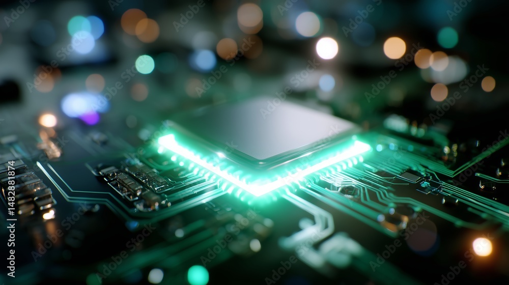Poster close-up view of a computer chip on a circuit board illuminated by green lights during a technology 