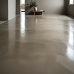 A smooth, polished concrete floor in warm beige-gray tones that subtly reflects ambient light, blending minimalism with natural texture.