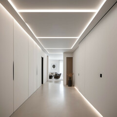 A seamless matte plaster wall and ceiling with hidden doors and ultra-thin recessed LED light strips outlining soft geometric paths in warm white.