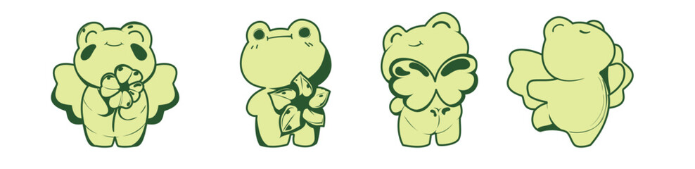 Set of vector stickers isolated on white background. Cute green frogs with flowers will add fun and croaking to any of your projects.