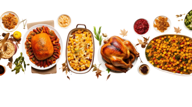 Thanksgiving dinner concept image with multiple food items on white background

