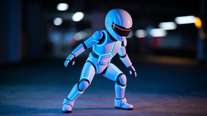 Small Figure in Futuristic Suit with Blue Glowing Lines