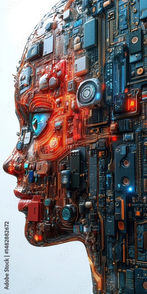 Poster humanoid figure constructed from intricate circuitry with glowing components on a light background