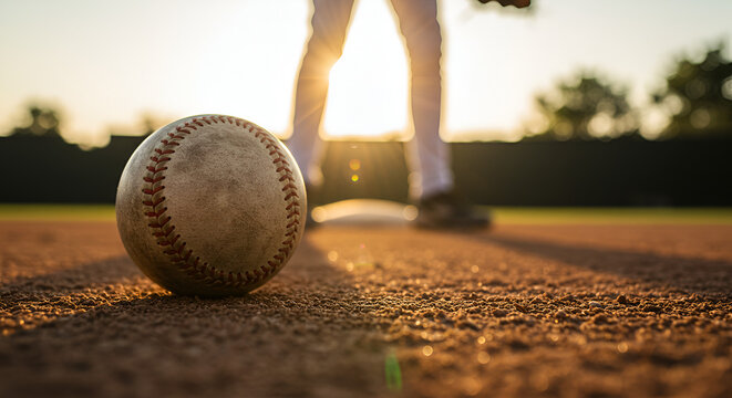 Baseball on Field at Sunset