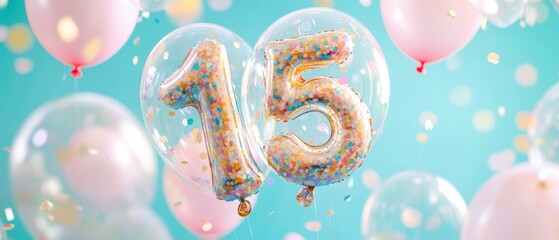 Celebration balloons with number 15 for birthday party decoration, colorful festive background, fun event, joyful atmosphere, party supplies, kids celebrations.