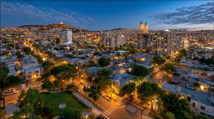 Obraz premium Illuminated city sprawls beneath twilight sky