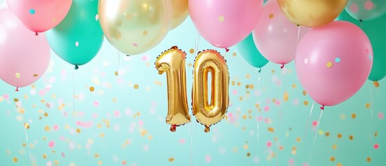 Birthday party celebration decor with colorful balloons and gold number ten surrounded by confetti on blue background festive event anniversary significance.