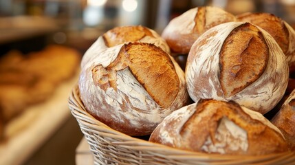 Freshly Baked Round Artisan Bread in a Rustic Basket Display