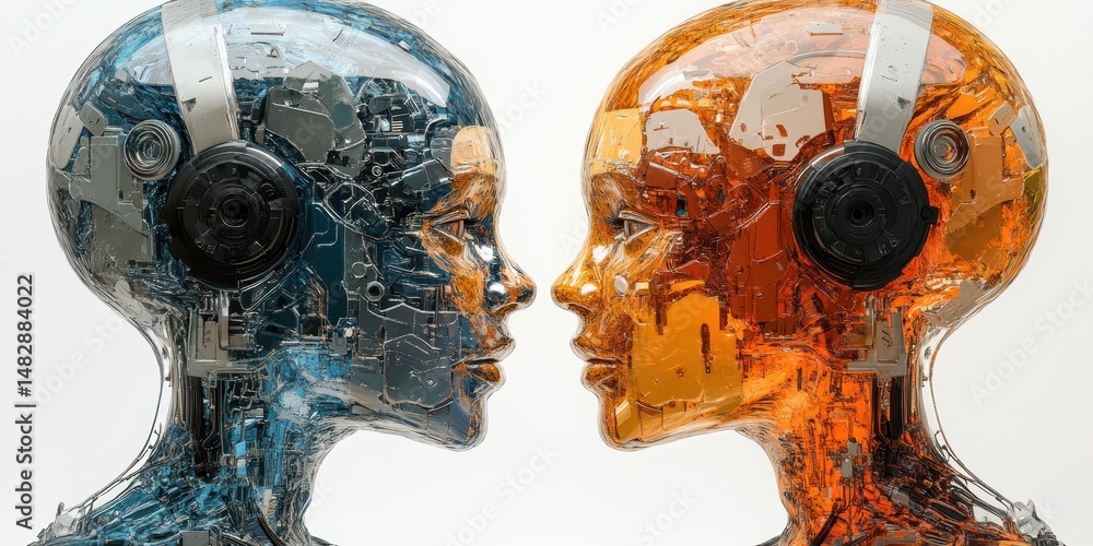 Poster robotic heads with transparent shells facing each other in a technological display