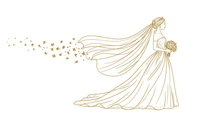 A nice wedding. Bride holding bouquet with flowing veil and butterflies