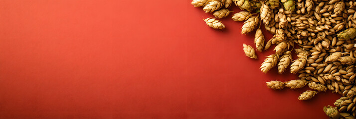 Raw Barley and Hops: Essential Ingredients for Craft Beer Brewing wide banner - red background