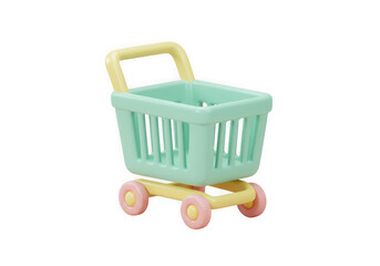 Pastel shopping cart isolated on transparent background for grocery, toy store, and online shop use cases.