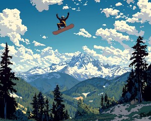 Naklejka premium Snowboarder leaping over alpine peaks