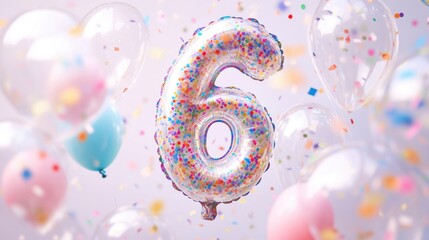Birthday celebration with colorful number six balloon surrounded by festive balloons and confetti, party decorations for childrens birthdays and special events.