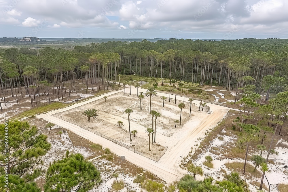 Poster aerial view of a fenced sandy plot with palm trees, surrounded by dense forest and cloudy skies in a
