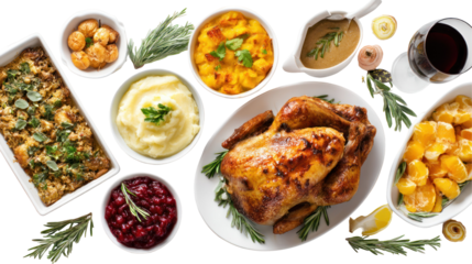 Thanksgiving dinner concept image with multiple food items on white background


