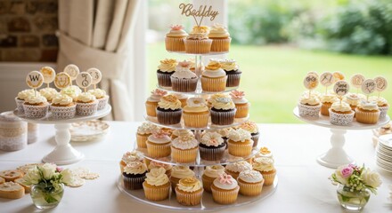 A nice wedding. Cupcake tower for celebration with floral decorations