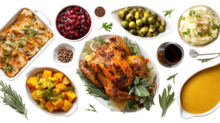 Thanksgiving dinner concept image with multiple food items on white background

