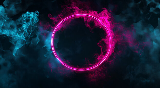 anel de neon abstrato com efeito de luz de fogo e fuma&ccedil;a rosa e azul brilhante em moldura circular sobre fundo preto