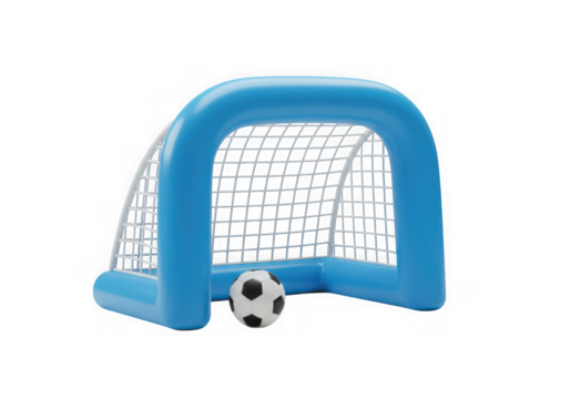 Blue soccer goal with ball isolated on transparent background. use cases: sports, games, recreation.