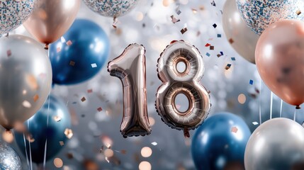 Birthday celebration with 18th birthday decorations including balloons and confetti, festive event for teenagers, party atmosphere, joyful milestone occasion.