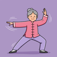 An old woman is practicing Tai Chi.