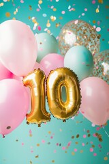Birthday celebration decorations with gold number 10 balloon, colorful balloons, confetti, and festive background for milestone events and party themes.
