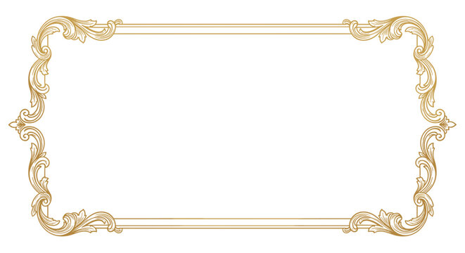 Ornate vintage gold frame with floral curls on transparent background.

